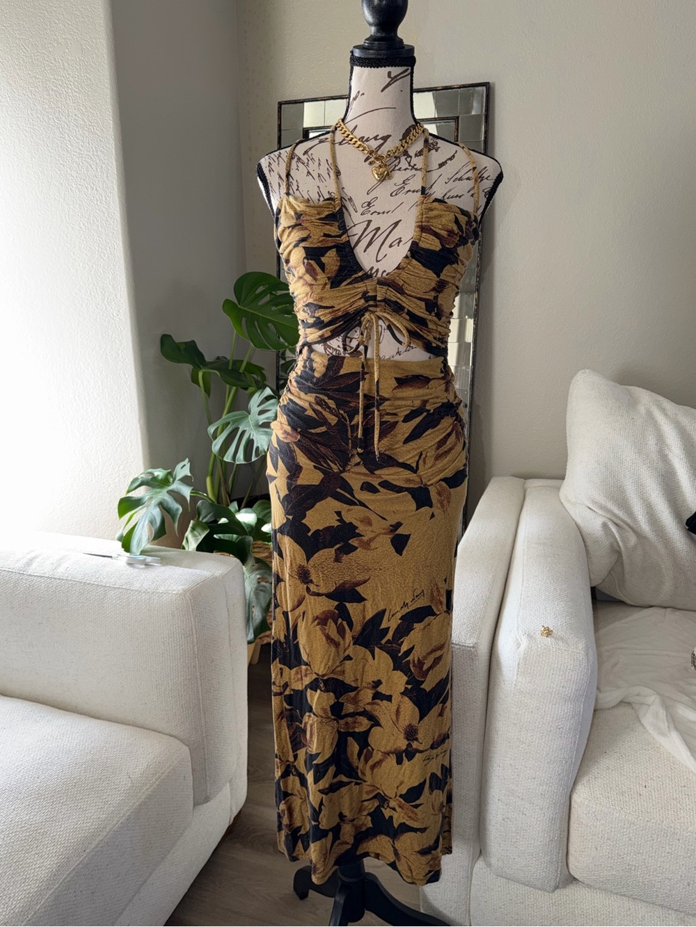 AllSaints Mustard and Black Floral Maxi Dress with Tie Front - Picture 1 of 14